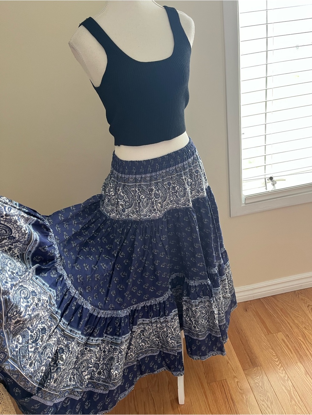 Bohemian Navy Paisley Tiered Maxi Skirt